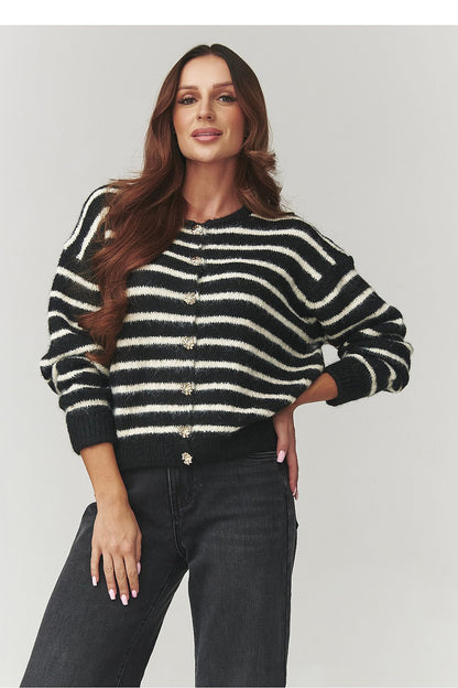 Luxurious women's striped cardigan by Makadamia featuring decorative golden buttons, crafted from soft knit fabric in EU size 0. Perfect for elegant outfits.