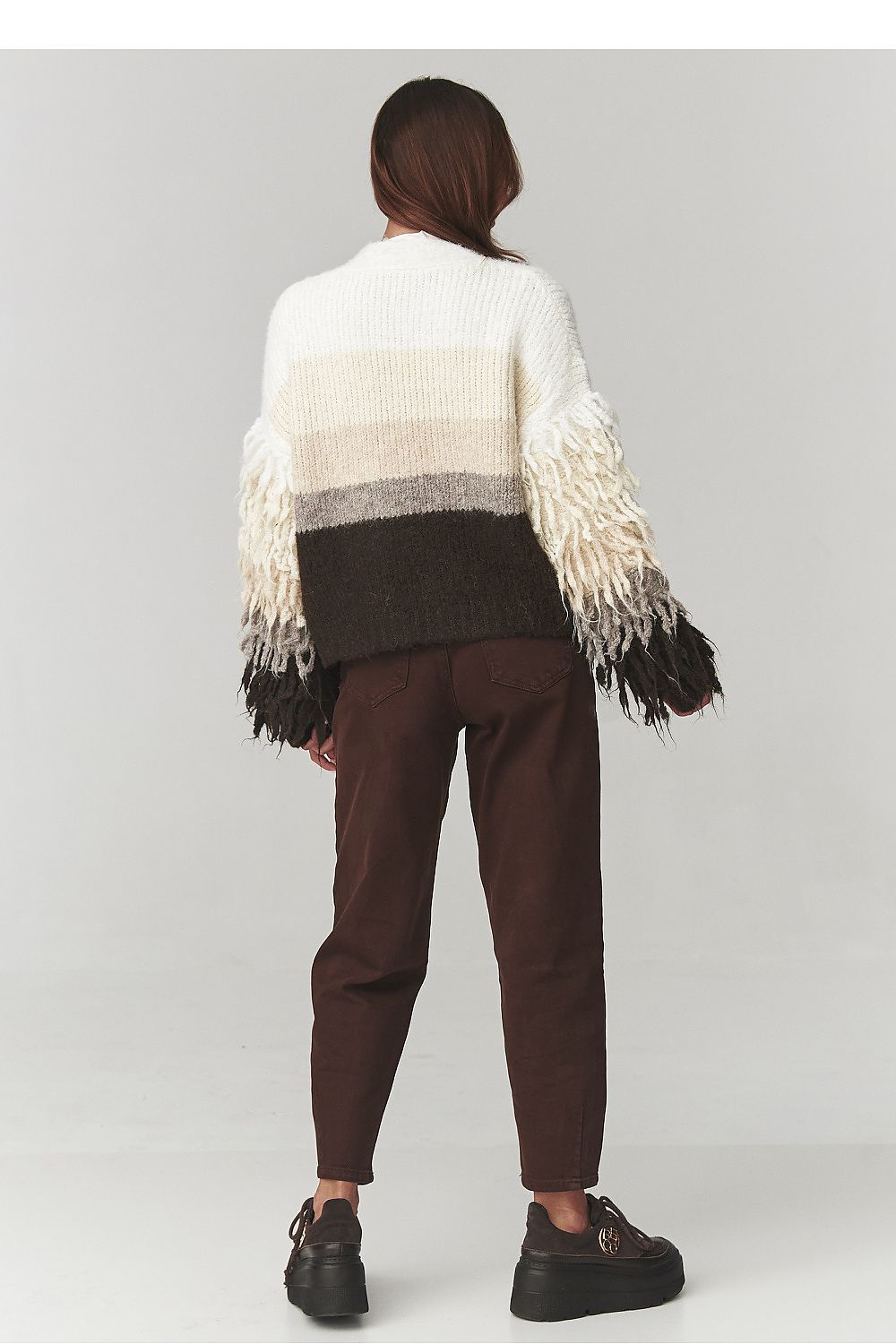 Full view of the Makadamia women's luxury ombre cardigan, demonstrating its loose fit and modern design for trendy outfits.