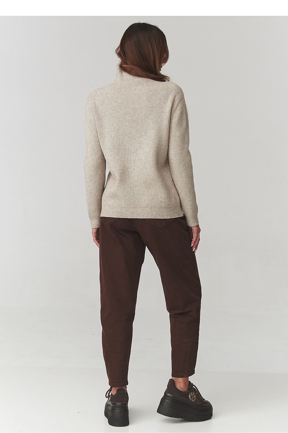 Elegant Makadamia Women's Turtleneck Sweater in soft ribbed knit fabric, showcasing a minimalist design perfect for autumn-winter wear, size EU 0, highlighting luxurious comfort and style.