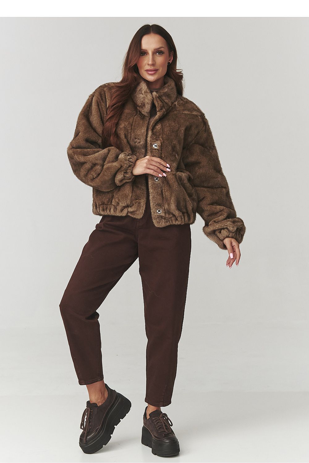 Women's eco fur jacket by Makadamia in sophisticated mocha, featuring a timeless silhouette and practical pockets.