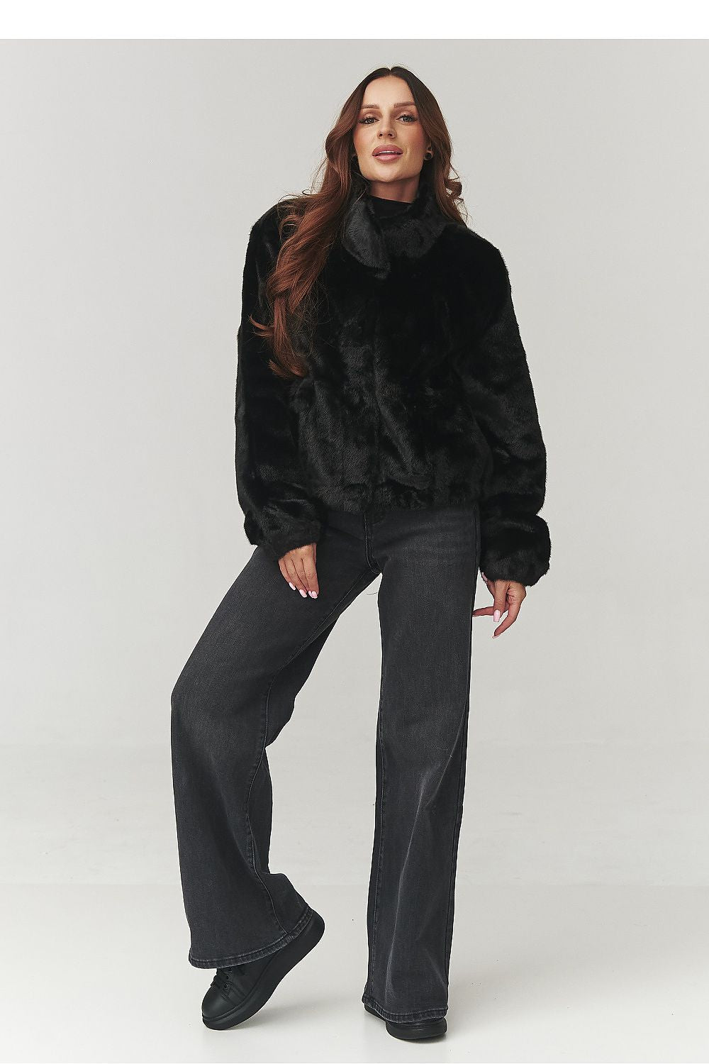 Classic black women's eco fur jacket by Makadamia, featuring a sophisticated silhouette and snap fastenings for comfortable wear.