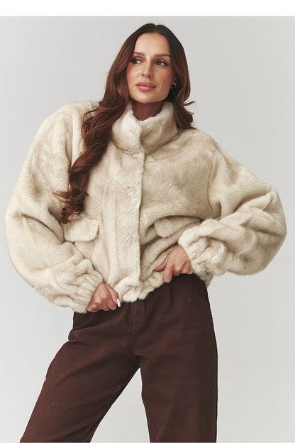 Luxurious women's eco fur jacket by Makadamia in elegant beige, showcasing timeless design and classic cut, perfect for autumn and winter.