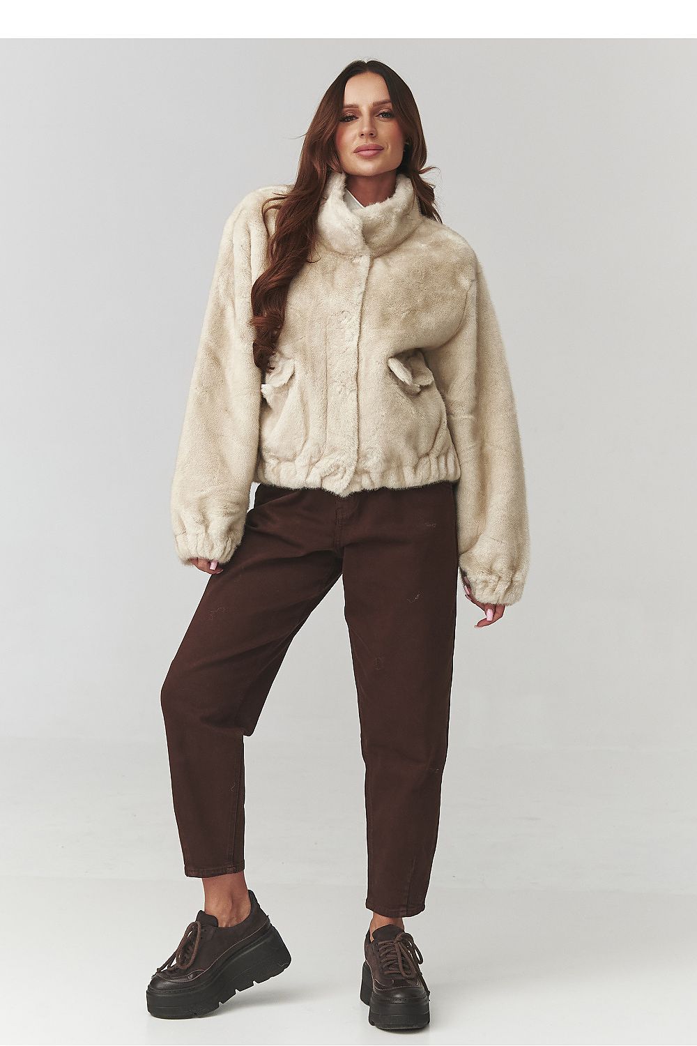 Smart women's eco fur jacket by Makadamia, available in sizes EU 0, designed for ultimate comfort and elegance during the colder months.