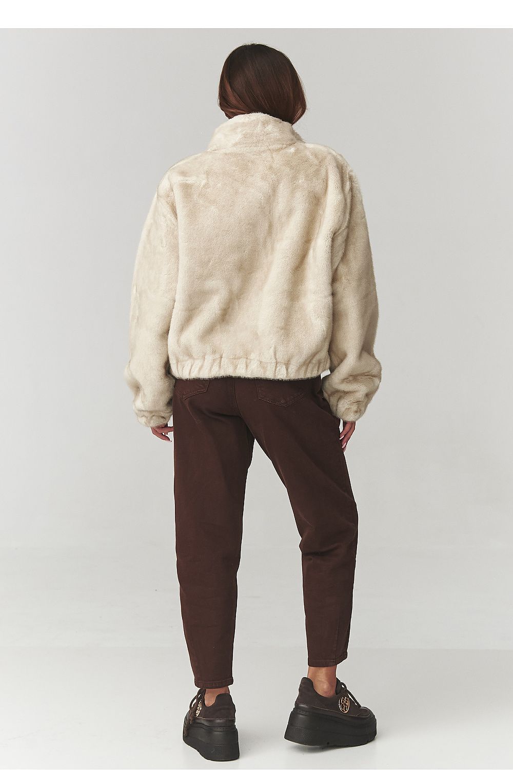 Deep chocolate women's eco fur jacket by Makadamia, elegantly designed with a classic silhouette, perfect for a sophisticated winter wardrobe.