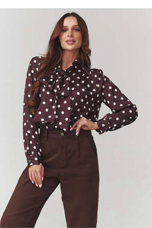 Makadamia Classic Polka Dot Long Sleeve Shirt in elegant EU Size 0, featuring a decorative bow and soft, lightweight material for a chic feminine look.