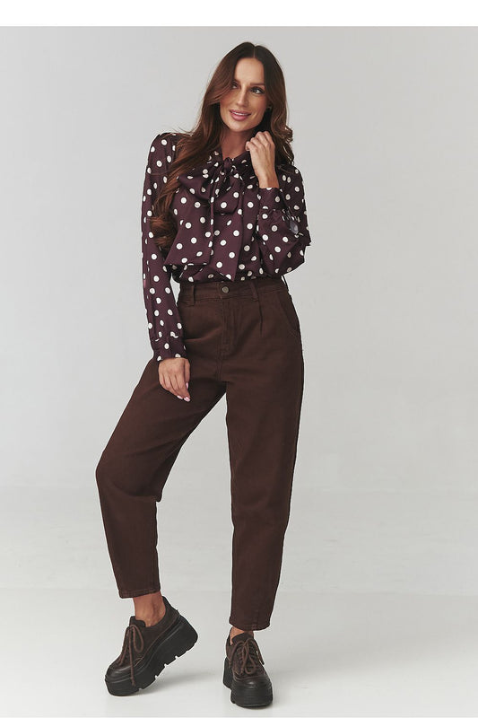 Elegant Makadamia long sleeve polka dot shirt featuring a feminine cut and decorative bow detail. Ideal for sophisticated daywear and evening occasions.