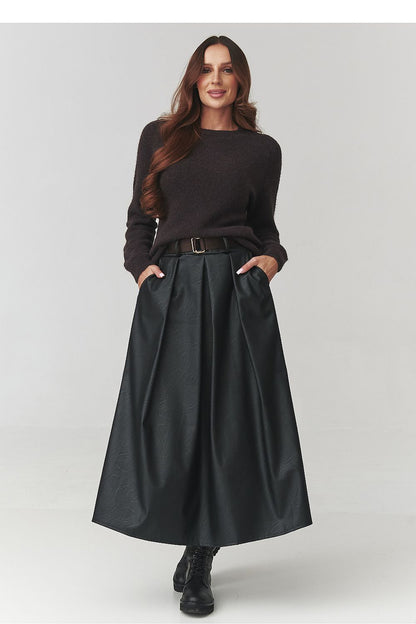 Chic view of the Makadamia black faux leather midi skirt, showcasing its elegant flared silhouette and luxurious material for sophisticated fashion.