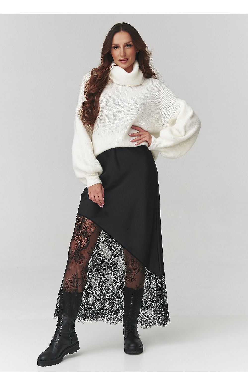 Stylish presentation of the Chocolate version of the Asymmetrical Lace Insert Skirt by Makadamia, epitomising modern femininity.