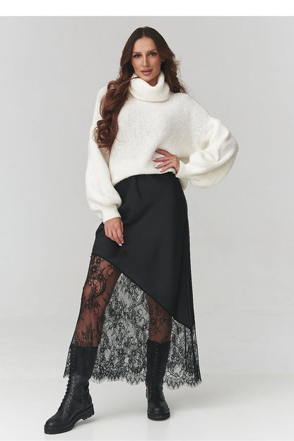 Stylish presentation of the Chocolate version of the Asymmetrical Lace Insert Skirt by Makadamia, epitomising modern femininity.