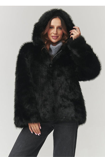 Luxurious women's eco fur coat with hood in elegant black from Makadamia, showcasing its lightweight and warm fabric.
