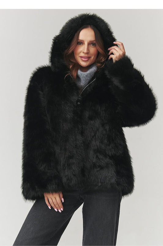 Luxurious women's eco fur coat with hood in elegant black from Makadamia, showcasing its lightweight and warm fabric.