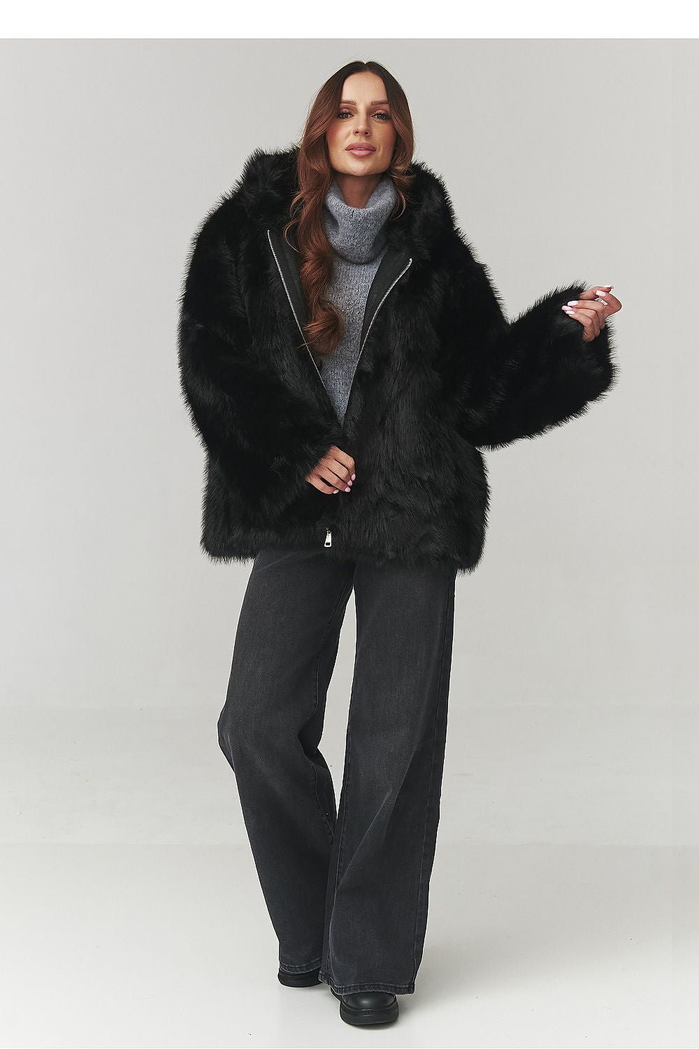 Stylish brown women's eco fur coat with hood by Makadamia, perfect for autumn days with a chic urban flair.