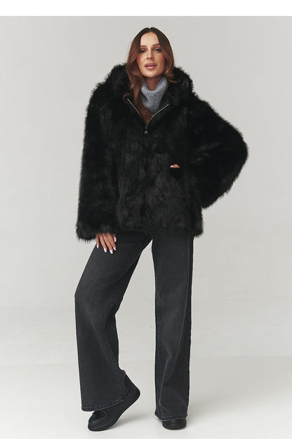 Detailed look at the hood of Makadamia's luxurious eco fur coat, highlighting the quality and sophisticated design.