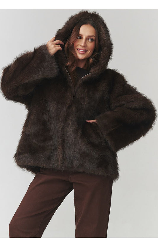 Luxurious Women's Faux Fur Hooded Jacket by Makadamia in elegant black, designed for exceptional comfort and style.