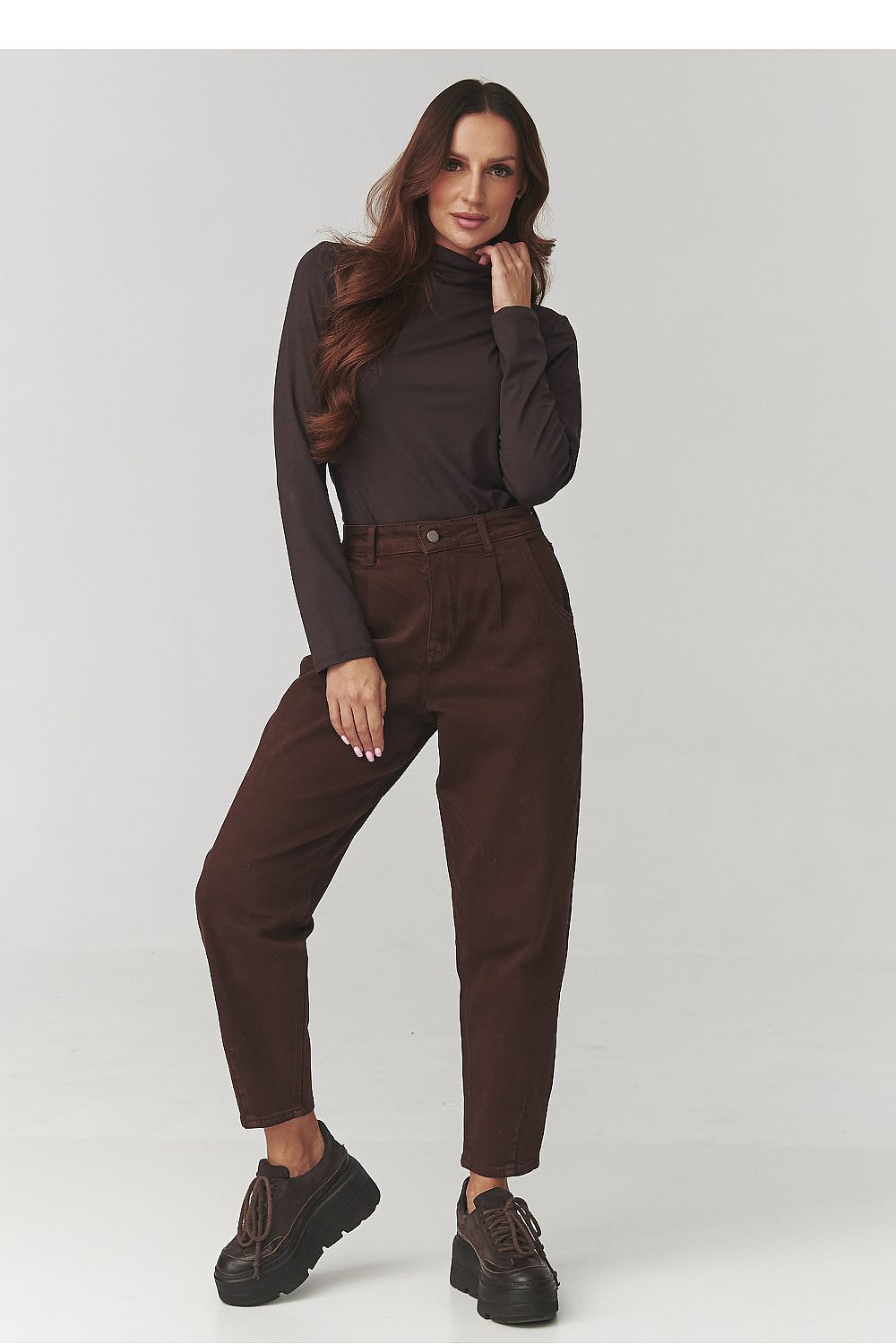 Elegant Women's Turtleneck Blouse from Makadamia in soft cappuccino colour, made in Italy, perfect for versatile styling.