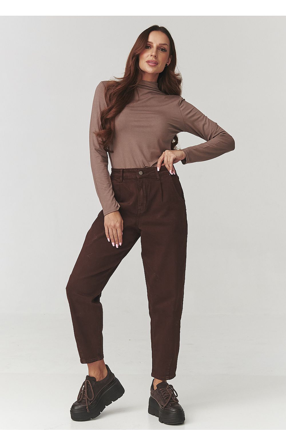 Elegant Women's Turtleneck Blouse by Makadamia in subtle cappuccino colour, showcasing a classic style perfect for any occasion.