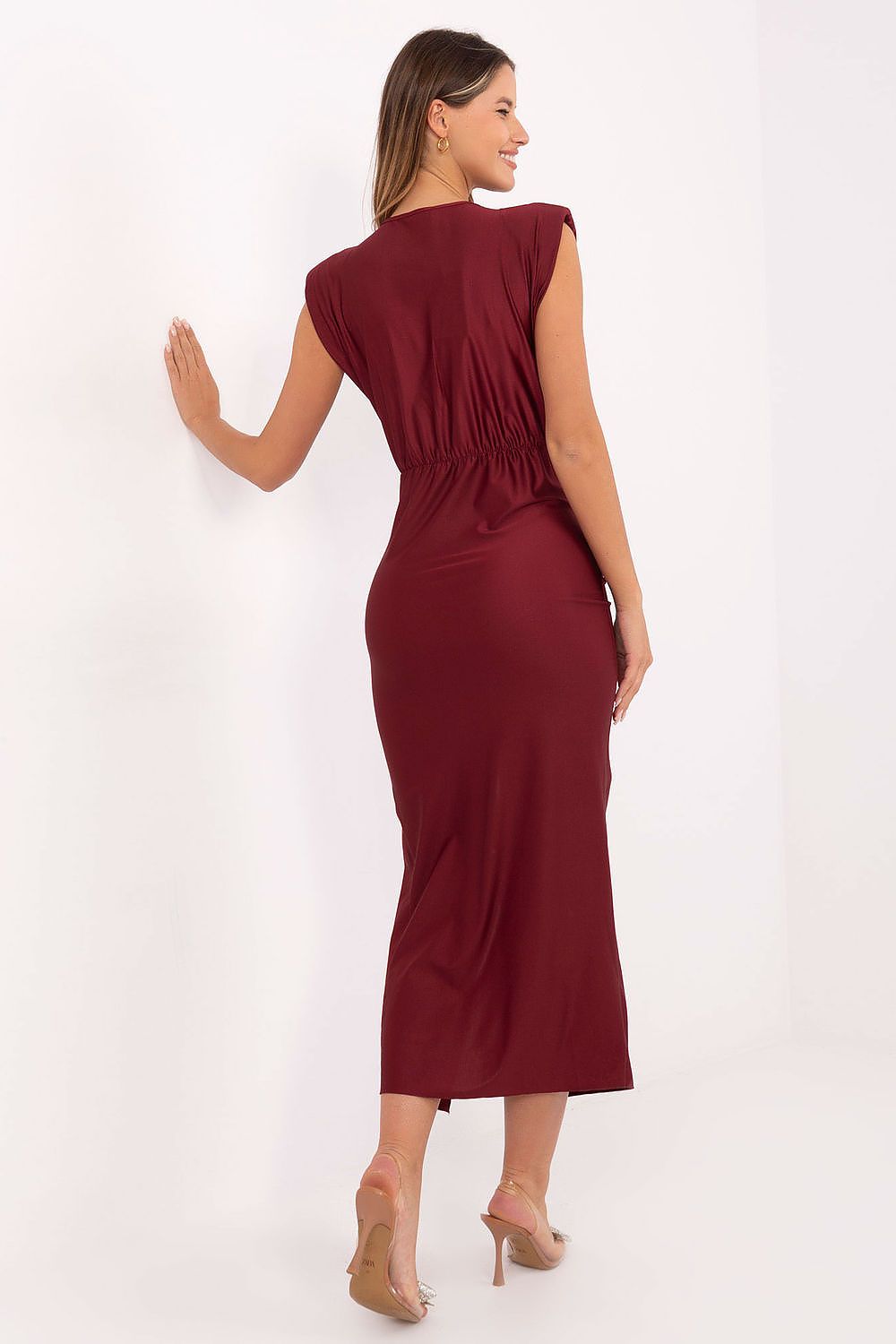 Front view of Italy Moda's stylish midi pencil dress with a front slit, showcasing its sleek silhouette perfect for elegant receptions.