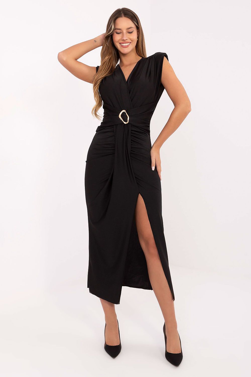 Elegant midi pencil dress with shoulder pads and wrap neckline by Italy Moda, showcasing a stylish front slit design.
