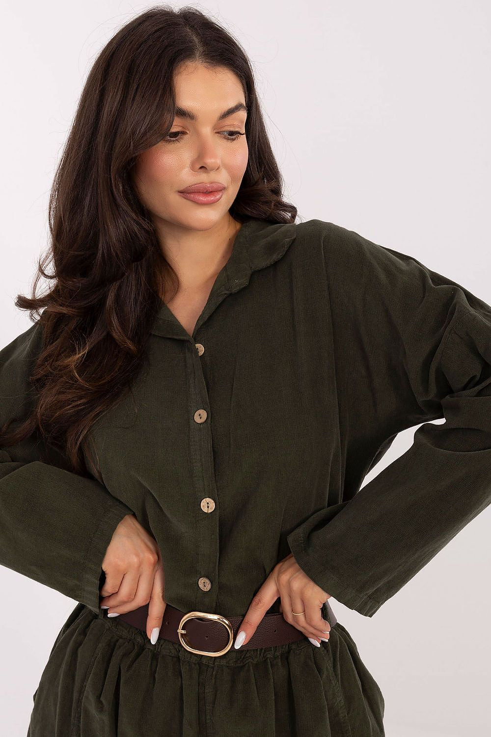 Close-up view of the classic collar and button fastening on the Luxury Women's Long Sleeve Corduroy Shirt by Italy Moda, exemplifying sophisticated design.