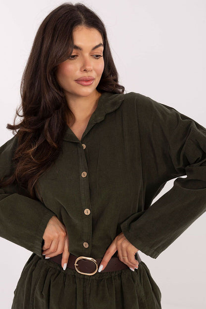 Close-up view of the classic collar and button fastening on the Luxury Women's Long Sleeve Corduroy Shirt by Italy Moda, exemplifying sophisticated design.