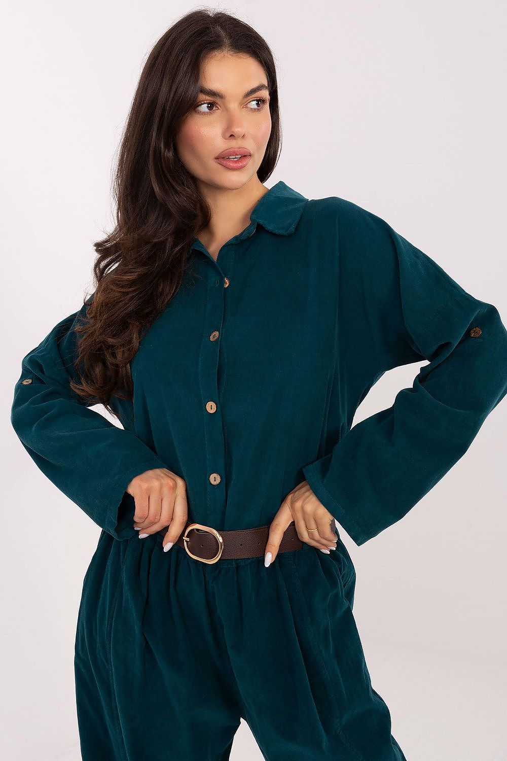 Stylish model wearing Luxury Women's Long Sleeve Corduroy Shirt by Italy Moda, perfect for casual occasions with jeans.