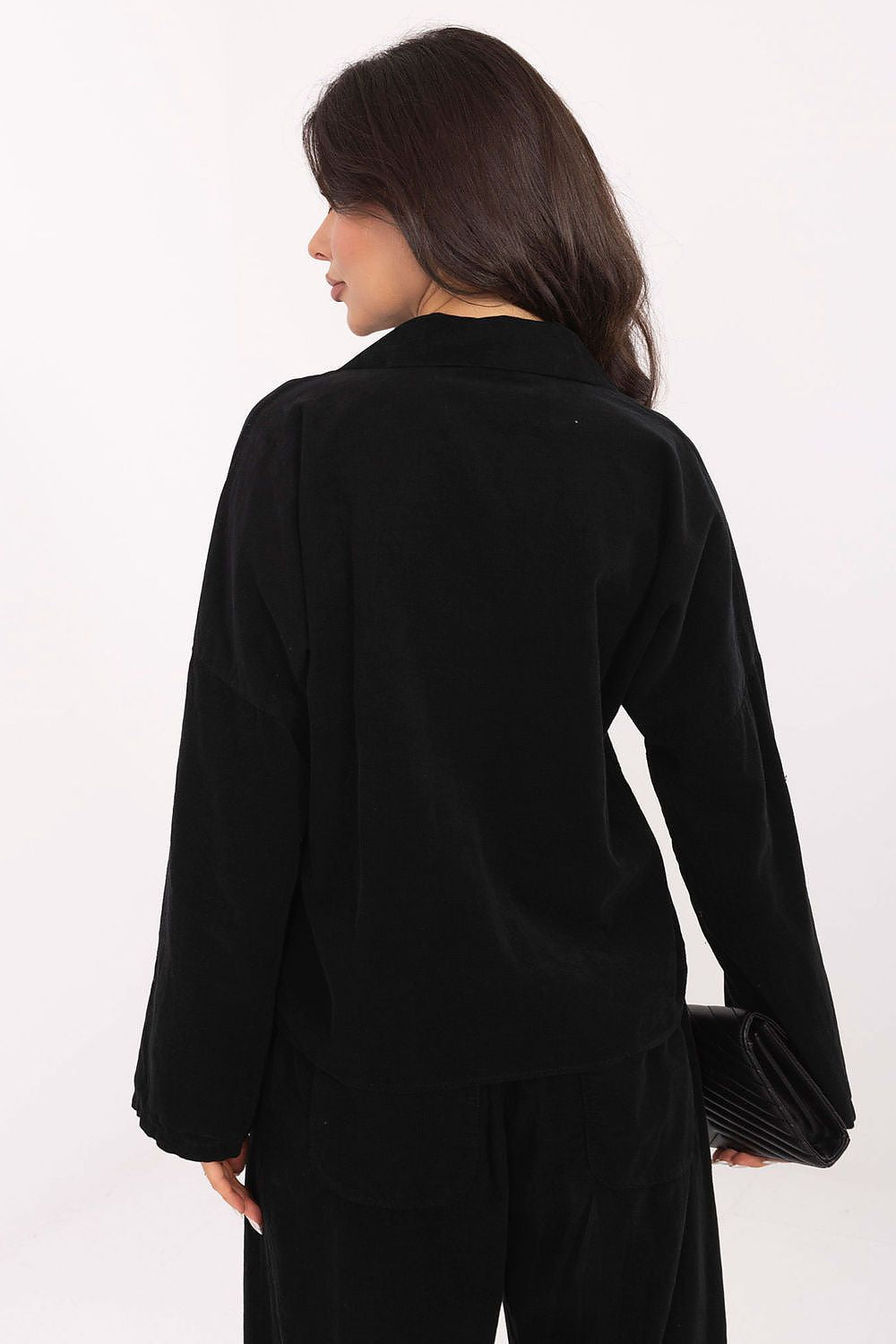 Close-up detail of the stylish corduroy material and classic collar on the Luxury Women's Long Sleeve Shirt by Italy Moda, designed for fashionable comfort.