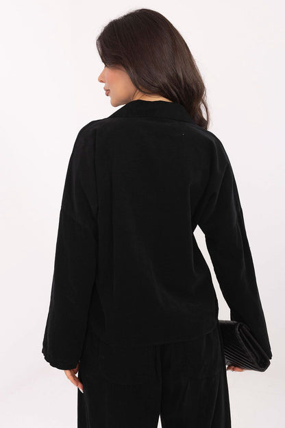 Close-up detail of the stylish corduroy material and classic collar on the Luxury Women's Long Sleeve Shirt by Italy Moda, designed for fashionable comfort.