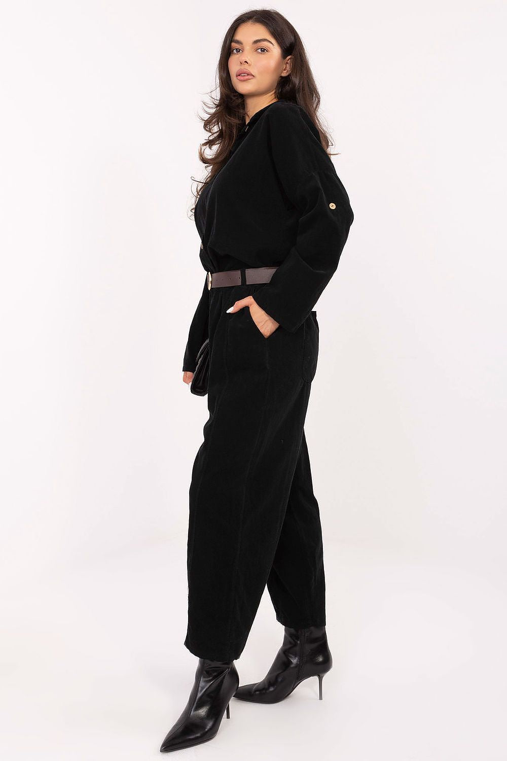 Full view of the Luxury Women's Long Sleeve Corduroy Shirt by Italy Moda, highlighting its versatile design suitable for high-waisted trousers and jeans in EU Size 0.