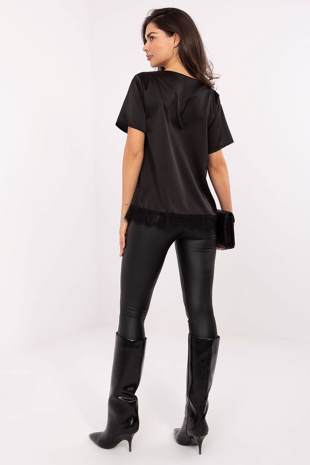 Feminine short sleeve blouse by Italy Moda with delicate lace trim, embodying luxury and comfort for modern women.