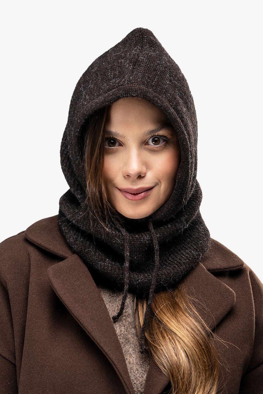 Luxury Awama Balaclava Neck Warmer Hat worn outdoors, demonstrating its stylish design and functionality in cold weather.