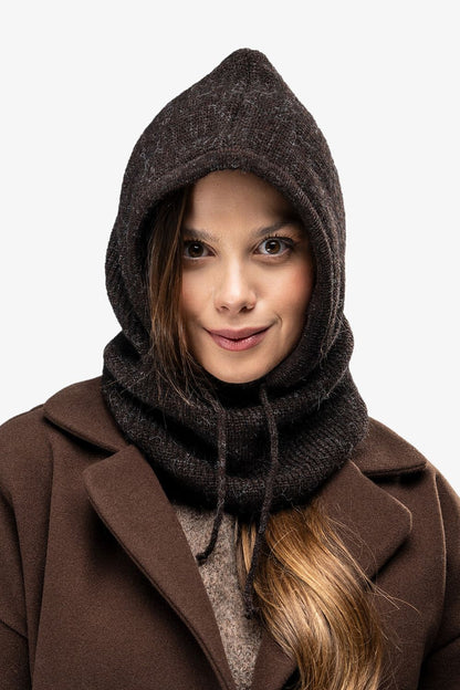 Luxury Awama Balaclava Neck Warmer Hat worn outdoors, demonstrating its stylish design and functionality in cold weather.