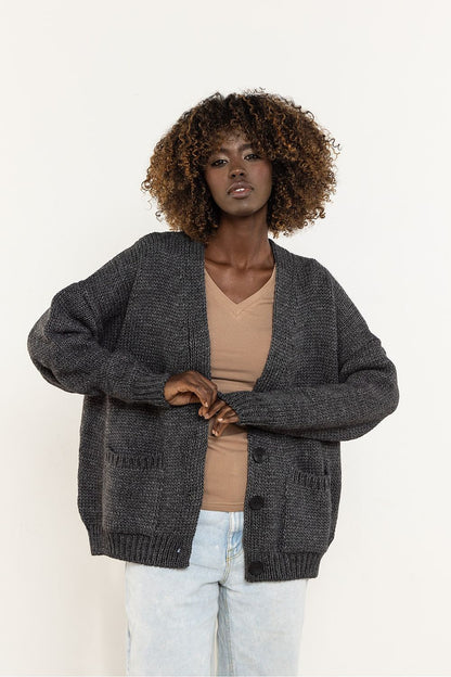 Elegant V-Neck Wool Blend Cardigan for Women by awama, showcasing soft knit fabric and a classic design with pockets.