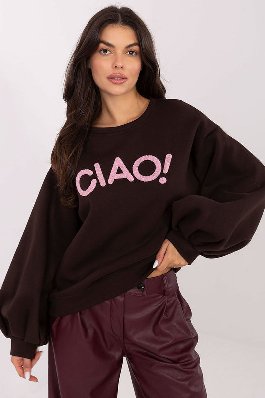 Elegant women's cotton blend sweatshirt with puff sleeves by Rue Paris, showcasing a stylish and feminine design, ideal for luxurious casual wear.