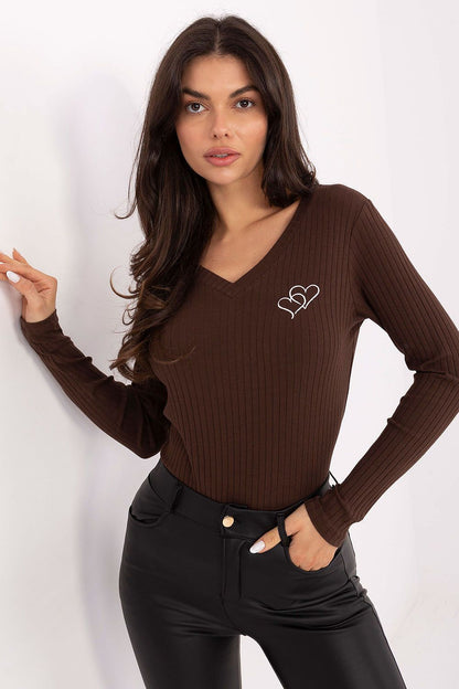 Fashionable ribbed cotton blouse with charming heart embroidery at chest, designed by Rue Paris for sophisticated casual wear.