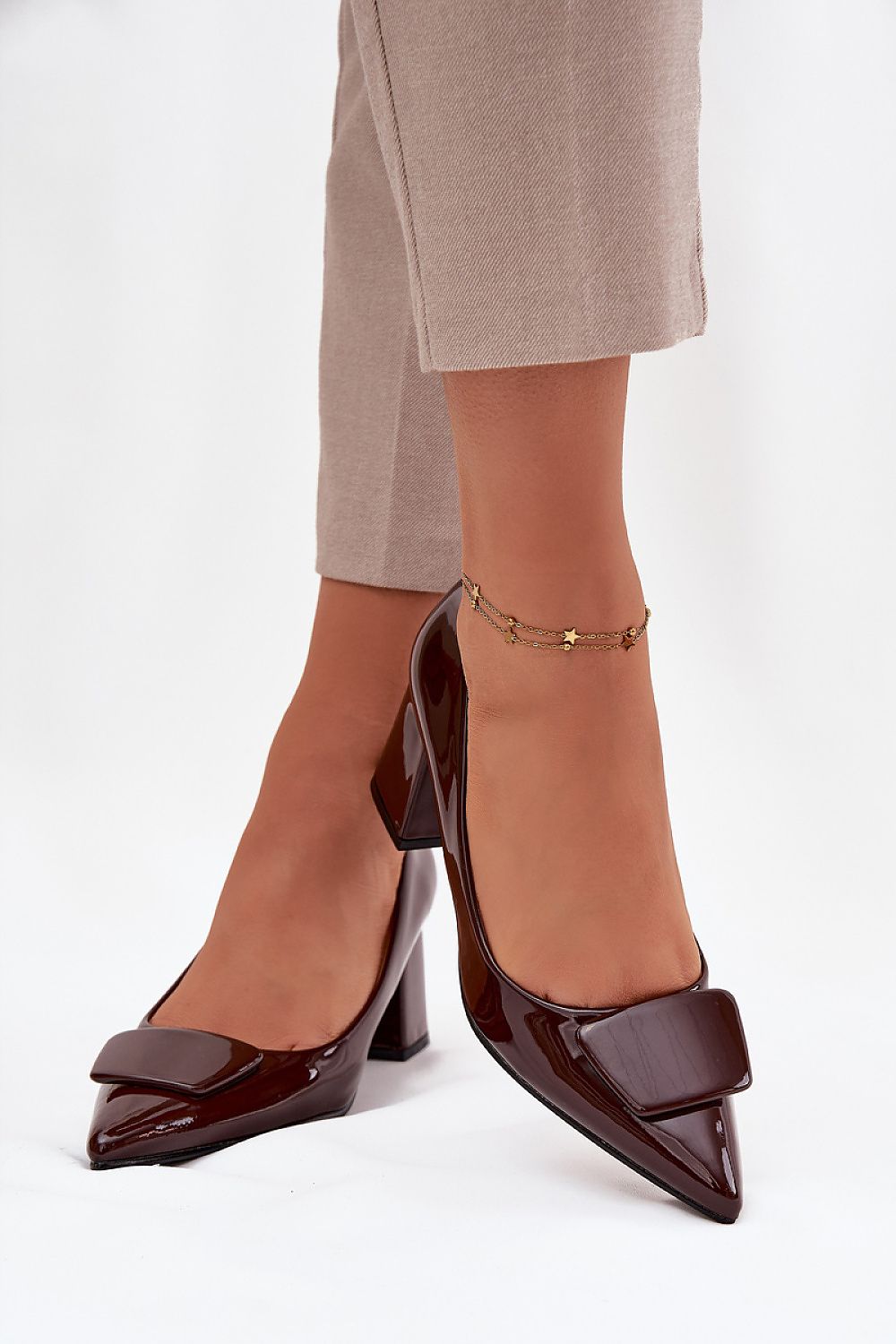 Close-up of Women's Eco-Leather Block Heel Pumps showcasing the pointed toe design and eco-friendly material, crafted by Step in style.