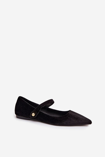 Close-up of Step in Style's elegant velvet ballet flats, showcasing the soft material and gold detail on the Velcro strap, perfect for chic everyday wear.