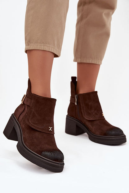Luxury women's suede ankle boots by Step in Style, featuring a stylish block heel, practical zipper, and elegant decorative buckle, perfect for autumn and winter wear.