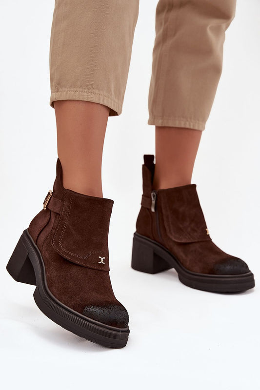 Luxury women's suede ankle boots by Step in Style, featuring a stylish block heel, practical zipper, and elegant decorative buckle, perfect for autumn and winter wear.