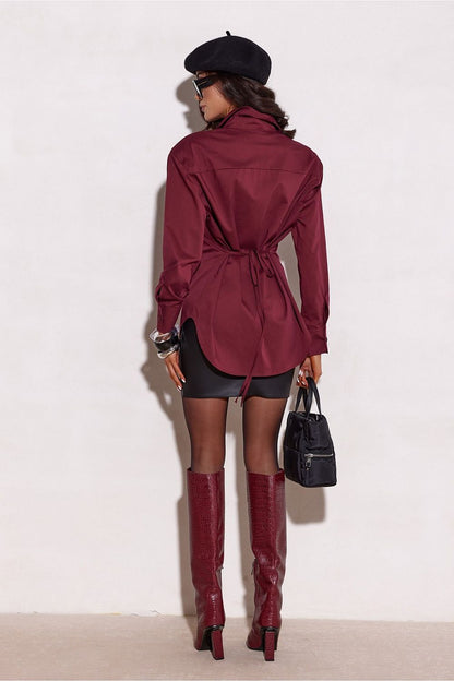 Stylish outfit featuring Roco Fashion's elegant long sleeve shirt paired with fitted trousers, perfect for creating chic office and evening looks.