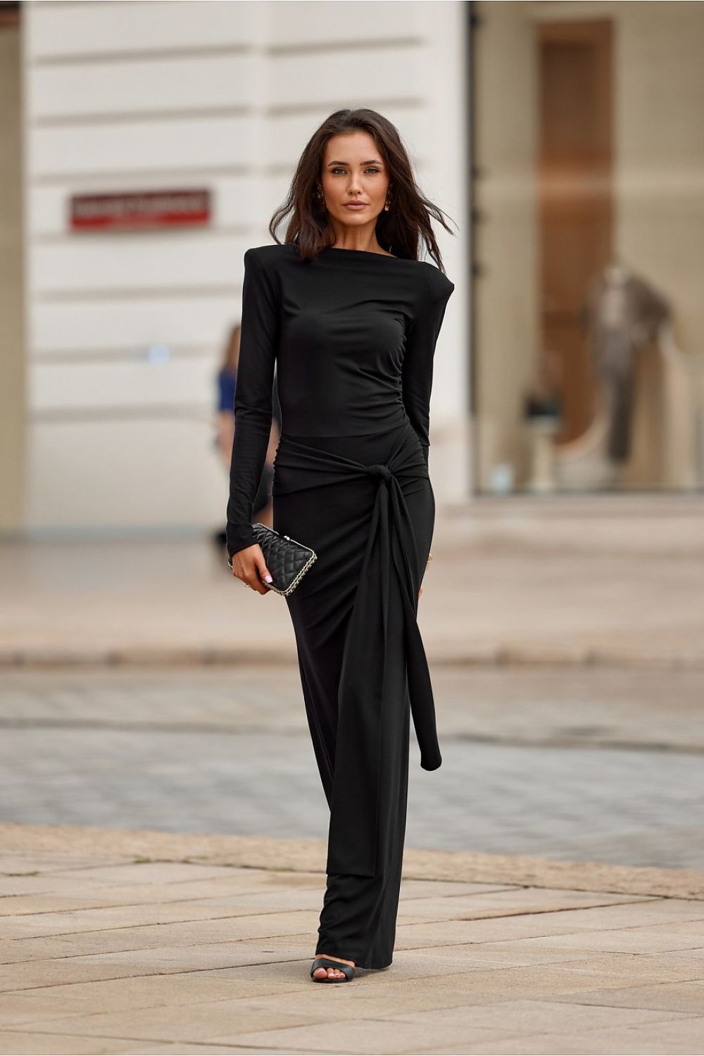 Elegant Long Sleeve Long Dress by Roco Fashion in black, highlighting luxurious fabric and sophisticated silhouette, perfect for formal occasions.