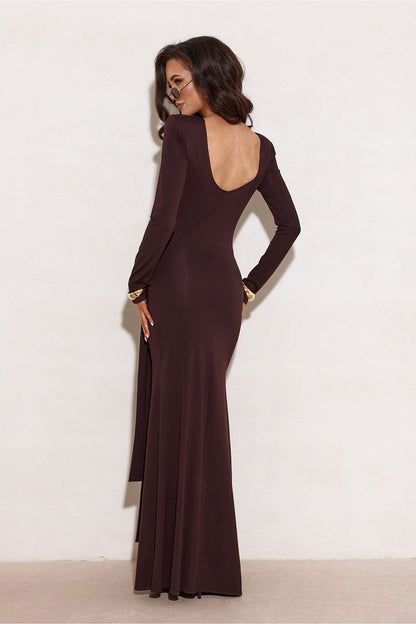 Elegant Long Sleeve Long Dress by Roco Fashion displayed on a hanger, featuring sophisticated design and high-quality materials for timeless style.