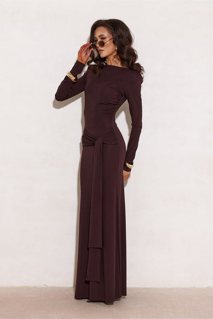 Floor-length Elegant Long Sleeve Long Dress by Roco Fashion in elegant pose, embodying grace and luxury, suitable for special events and evening wear.