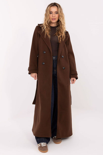 Elegant Women's Long Polyester Coat with Lapels, Double-Breasted Closure, and Waist Tie - Luxurious outerwear by Factory Price, perfect for transitional seasons.