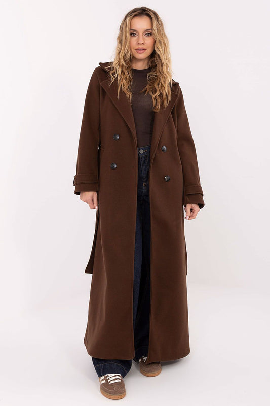 Elegant Women's Long Polyester Coat with Lapels, Double-Breasted Closure, and Waist Tie - Luxurious outerwear by Factory Price, perfect for transitional seasons.