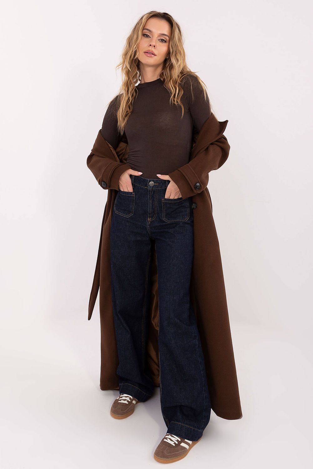 Elegant long women's coat by Factory Price, crafted from high-quality polyester with lapels and double-breasted closure, ideal for autumn-winter fashion.