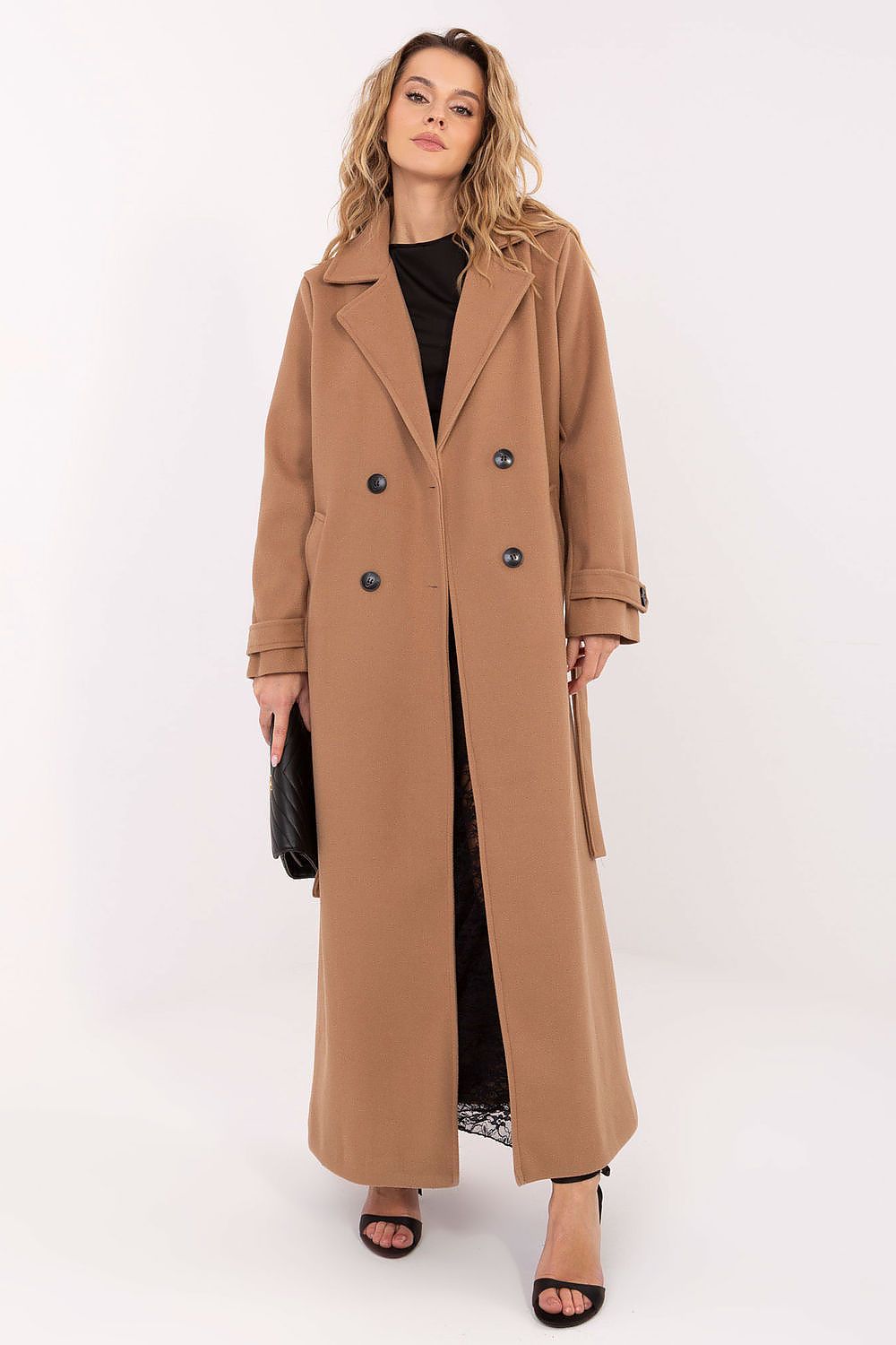 Sophisticated women's polyester coat from Factory Price, showcasing a classic smooth pattern and wide collar for a chic look.