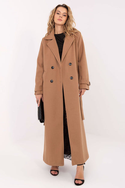Sophisticated women's polyester coat from Factory Price, showcasing a classic smooth pattern and wide collar for a chic look.