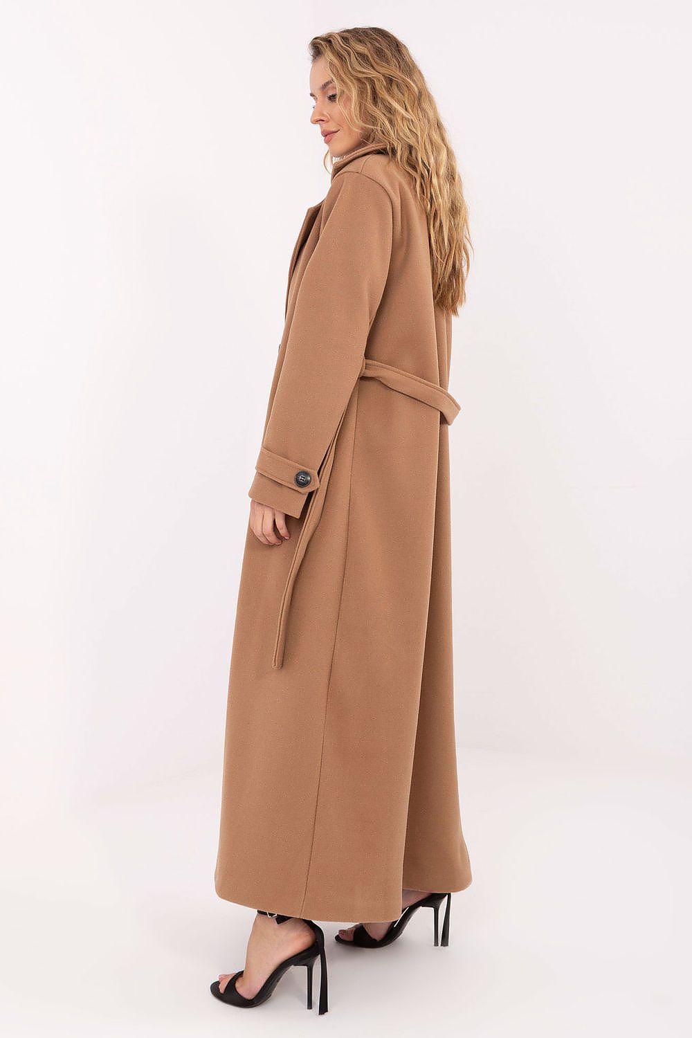 Elegant women's long polyester coat by Factory Price featuring a double-breasted closure and waist tie, perfect for transitional seasons.