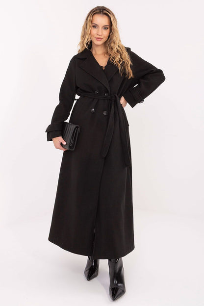 Elegant women's long polyester coat from Factory Price, featuring lapels and double-breasted closure for a sophisticated look.
