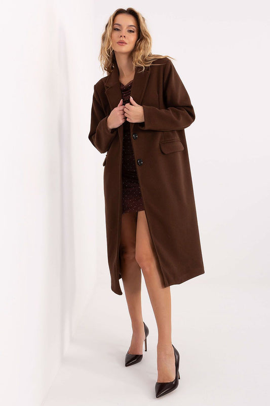 Elegant long coat for women featuring shoulder pads, classic minimalist design in EU size 0, made from a premium polyester blend, by Factory Price.